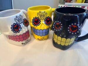 Set of 3 Things2Die4 Day of the Dead Sugar Skull 3D Figural Ceramic Mugs 16oz